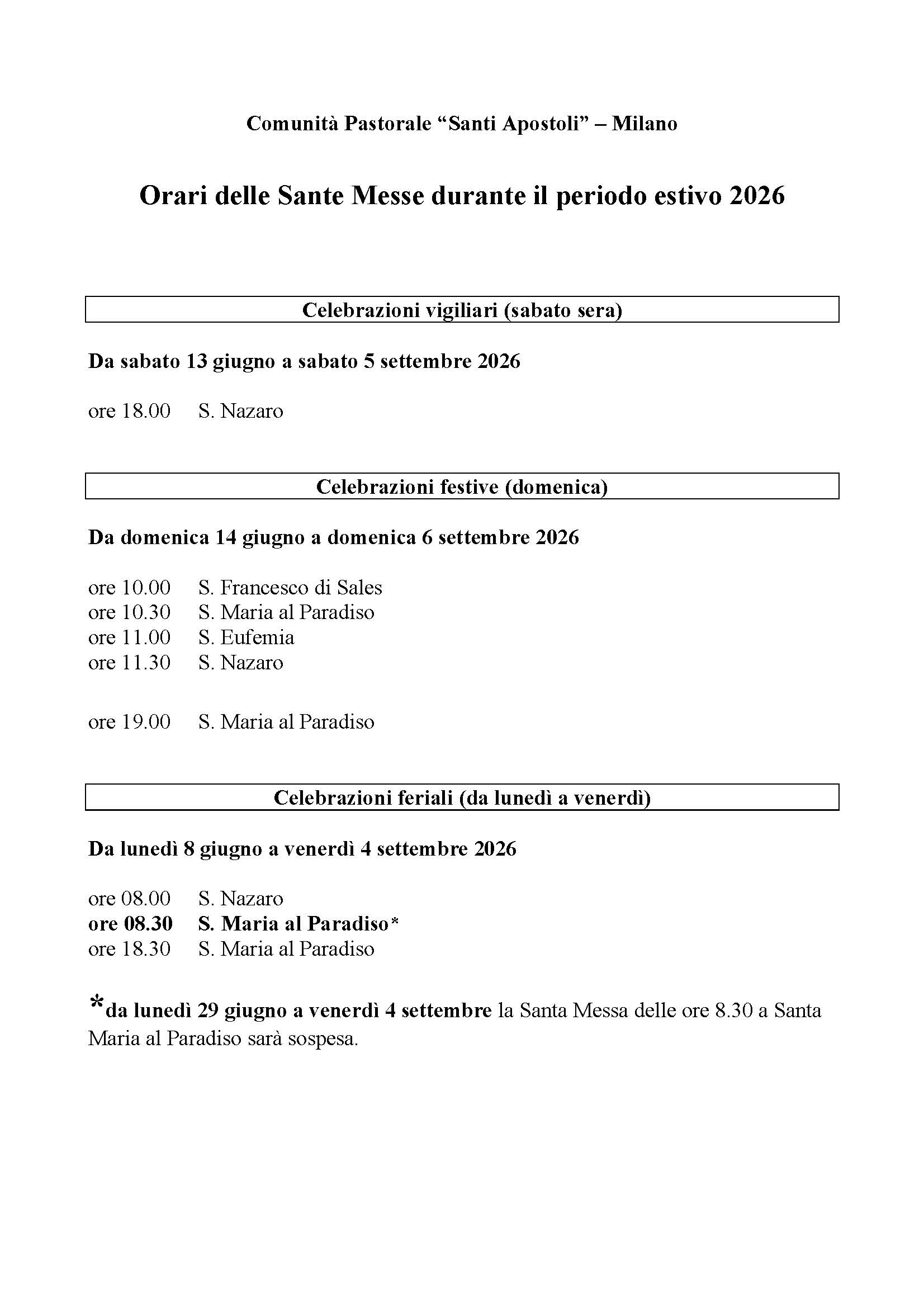 Manifesto Calendario Sante Messe Estate 2026