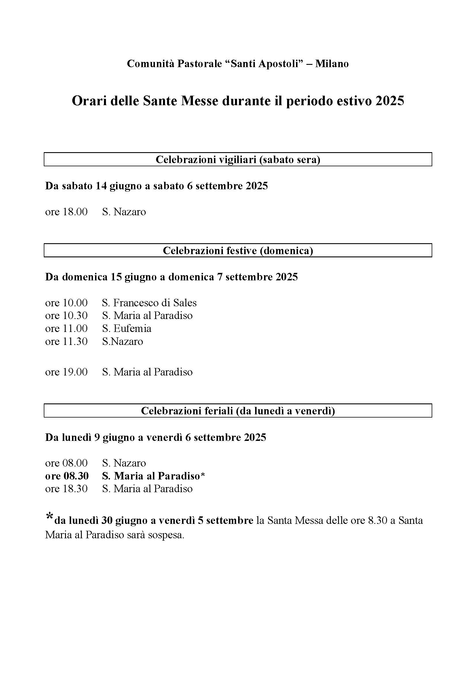 Manifesto Calendario Sante Messe Estate 2025